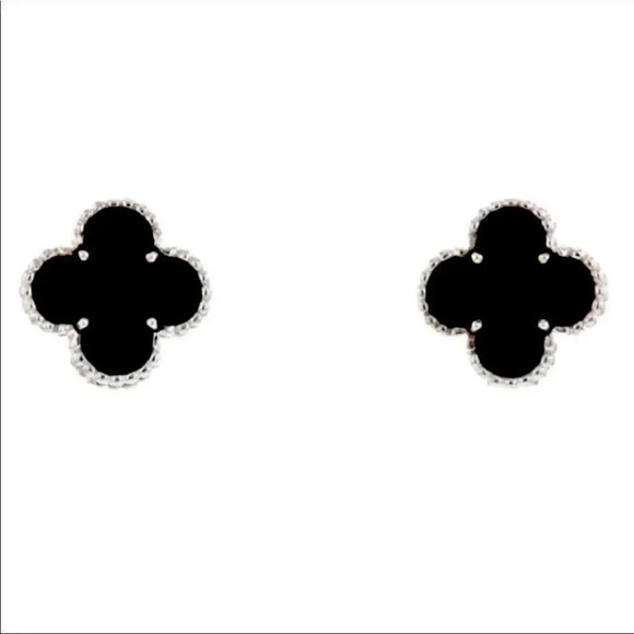 Four Leaf Clover Onyx Sterling Silver Earrings - Picture 1 of 4